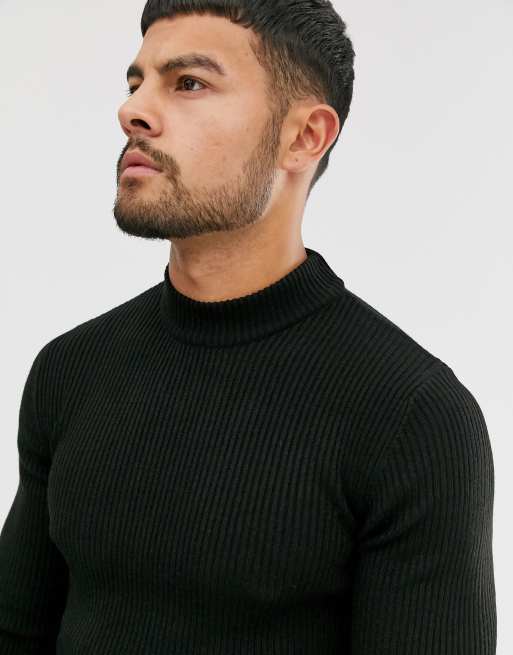 Asos design muscle fit ribbed outlet roll neck jumper in black