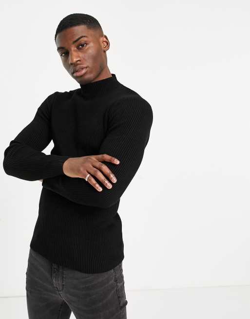 ASOS DESIGN muscle fit ribbed turtle neck jumper in black | ASOS