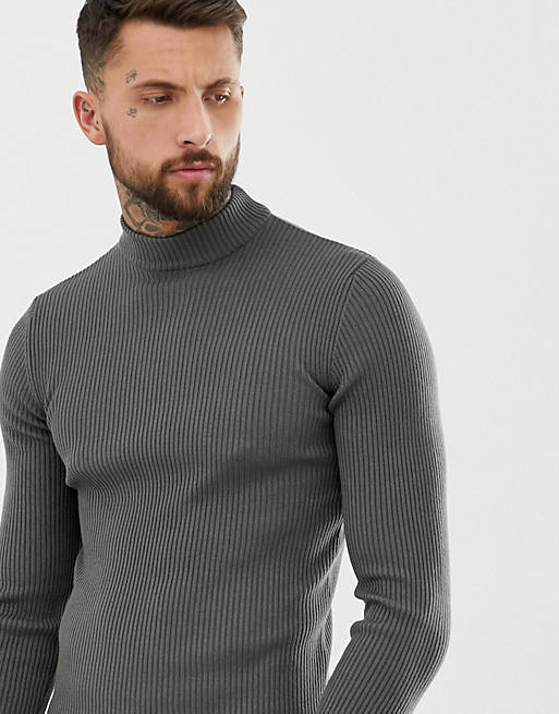 ASOS DESIGN muscle fit ribbed turtle neck jumper in petrol blue twist ...