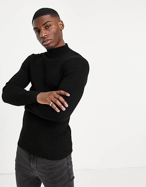 ASOS DESIGN muscle fit ribbed turtleneck sweater in black | ASOS