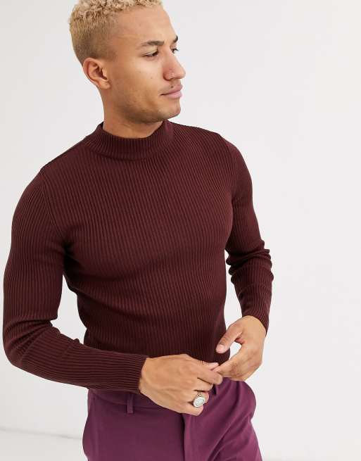 Asos Design Muscle Fit Ribbed Turtleneck Sweater In Burgundy Asos 2245