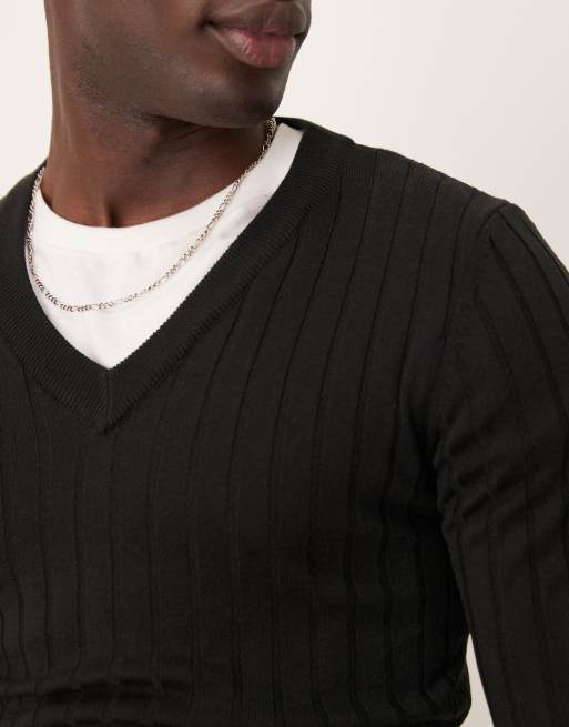 ASOS DESIGN muscle fit ribbed v neck jumper in black ASOS
