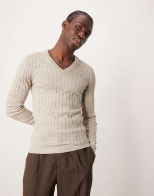 Asos Design Muscle Fit Ribbed V Neck Sweater In Off White