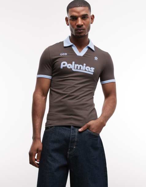 ASOS DESIGN muscle fit ringer polo shirt with soccer graphics in brown - view 1