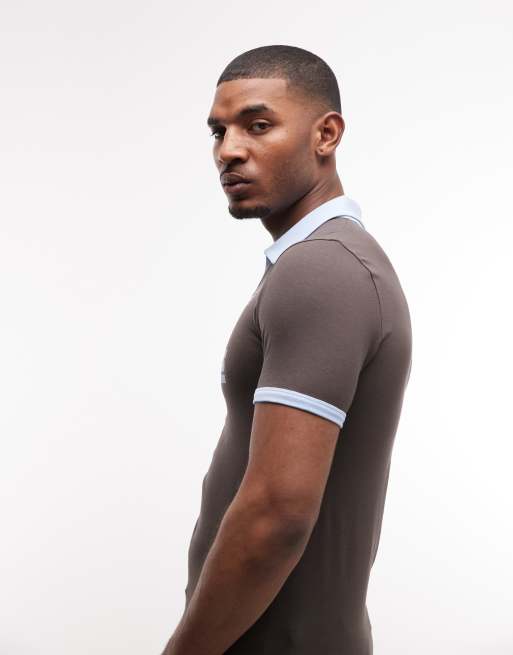 ASOS DESIGN muscle fit ringer polo shirt with soccer graphics in brown, 4 of 5