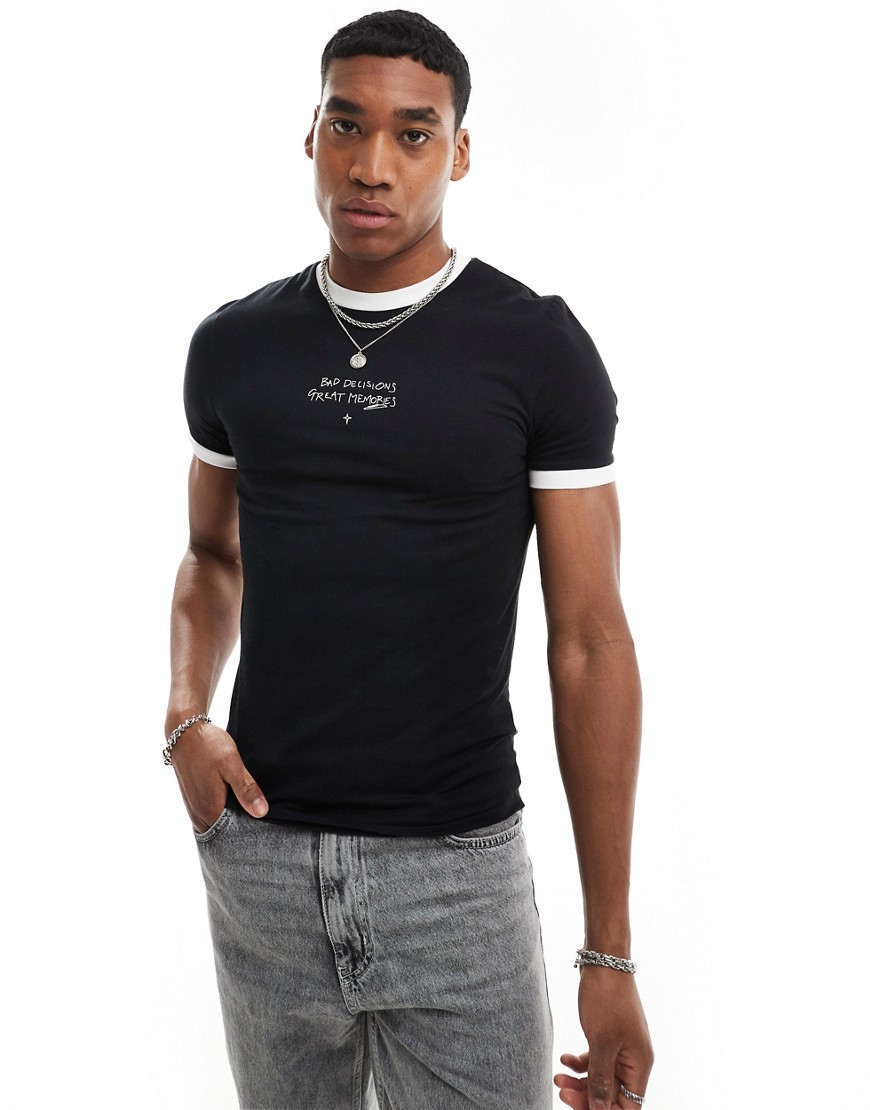 ASOS DESIGN muscle fit ringer t-shirt in black with text chest print