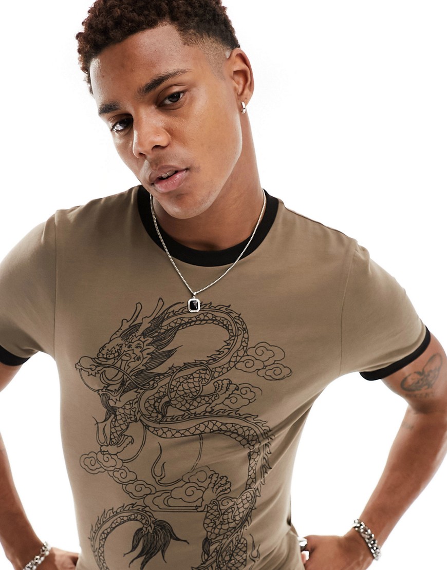 ASOS DESIGN muscle-fit ringer t-shirt in brown with dragon front print