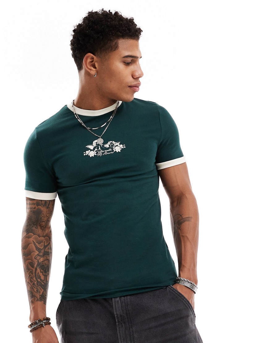 ASOS DESIGN muscle fit ringer t-shirt in dark green with cherub chest print