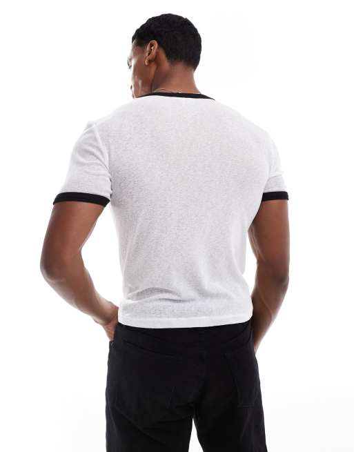 ASOS DESIGN muscle fit ringer t-shirt in white fabric with chest print, 2 of 4