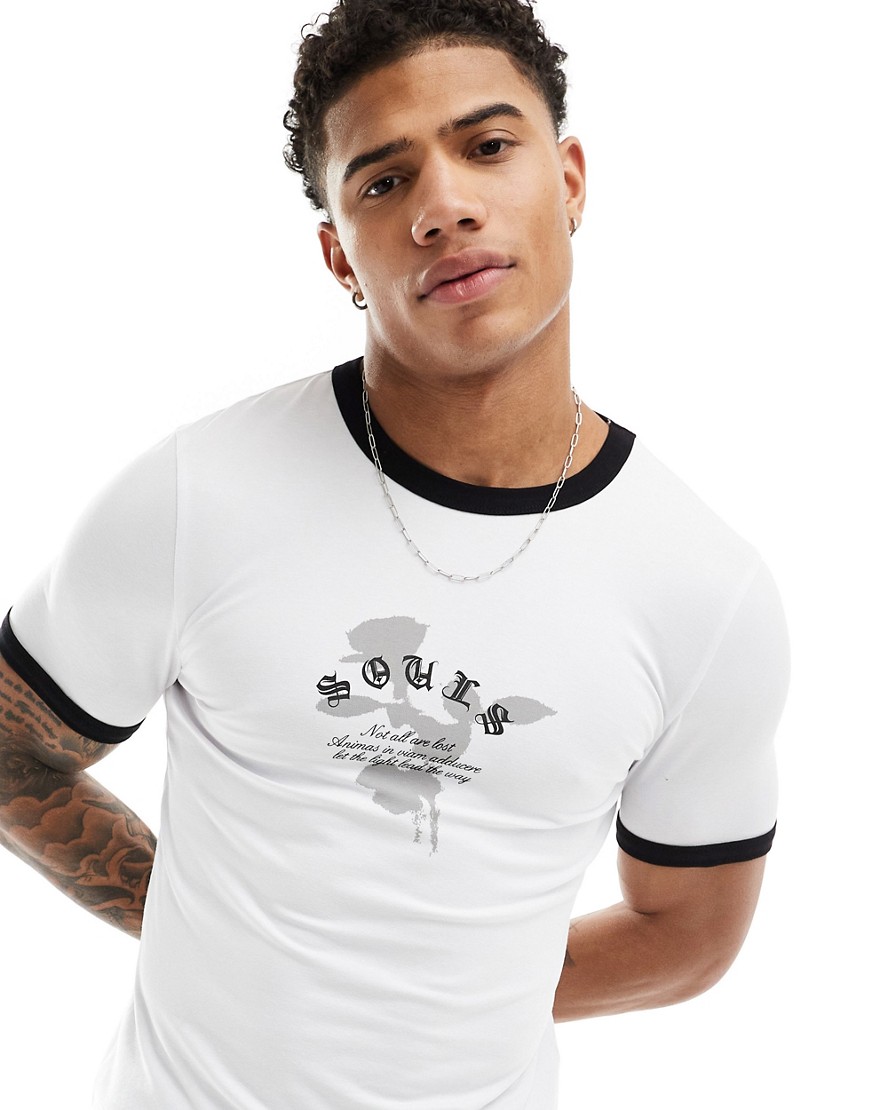ASOS DESIGN muscle fit ringer t-shirt in white with chest print