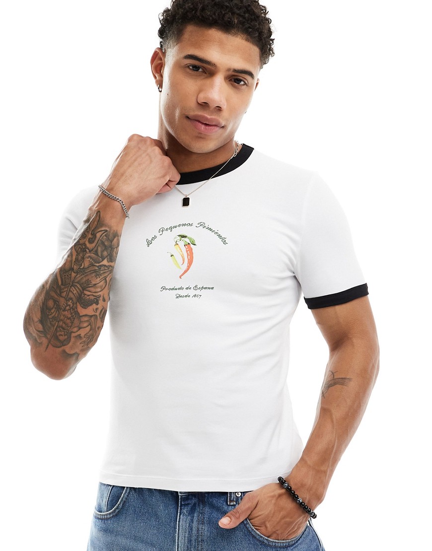 ASOS DESIGN muscle fit ringer t-shirt in white with chilli chest print