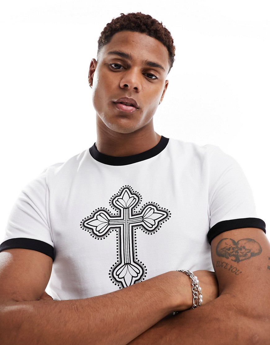 ASOS DESIGN muscle-fit ringer t-shirt in white with cross front print