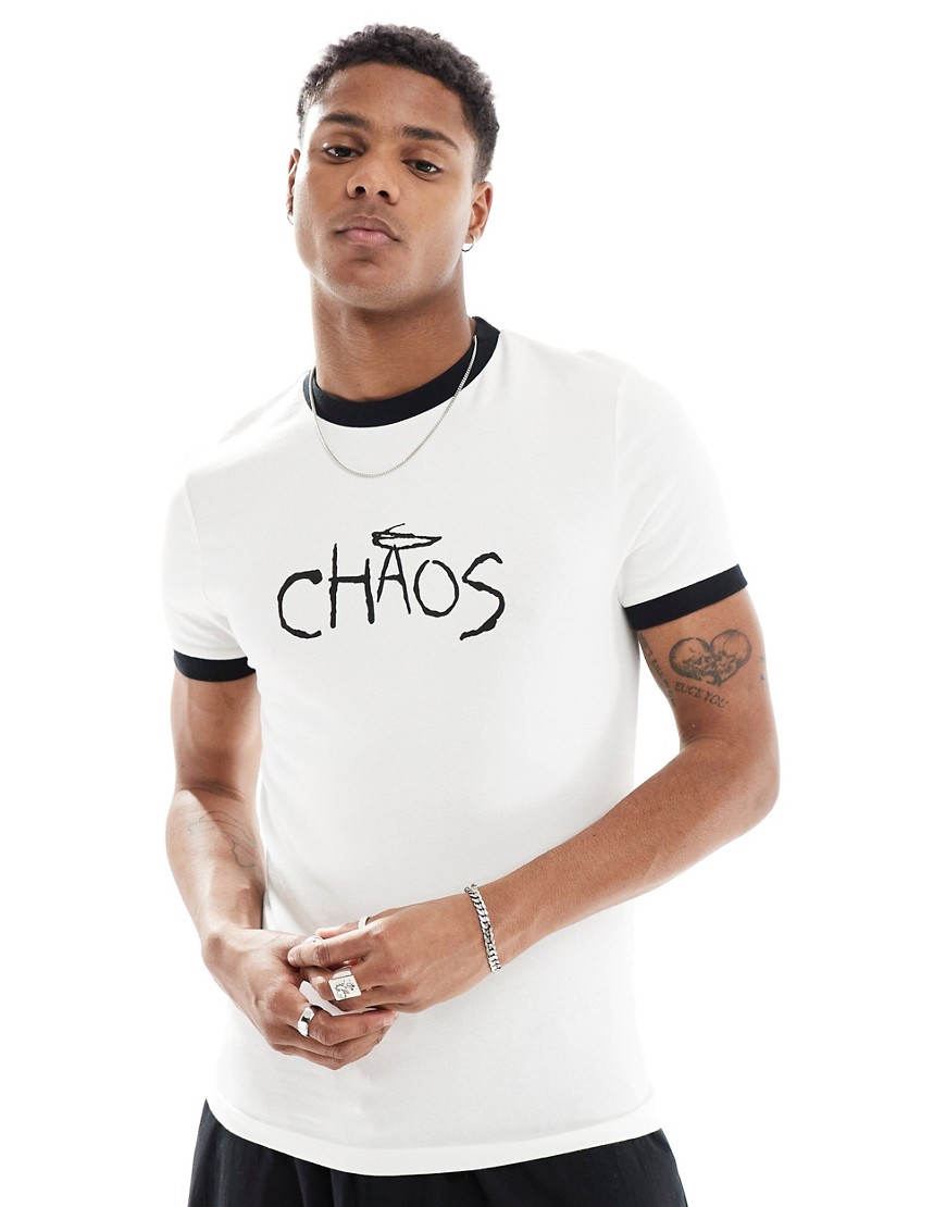 ASOS DESIGN muscle fit ringer t-shirt in white with text chest print