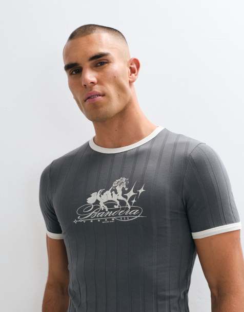 ASOS DESIGN muscle fit ringer t-shirt with horse graphic in charcoal - view 1