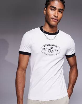 Asos Design Muscle Fit Ringer T-shirt With Lucky Graphic In Gray