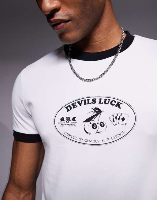 ASOS DESIGN muscle fit ringer T-shirt with lucky graphic in light gray
