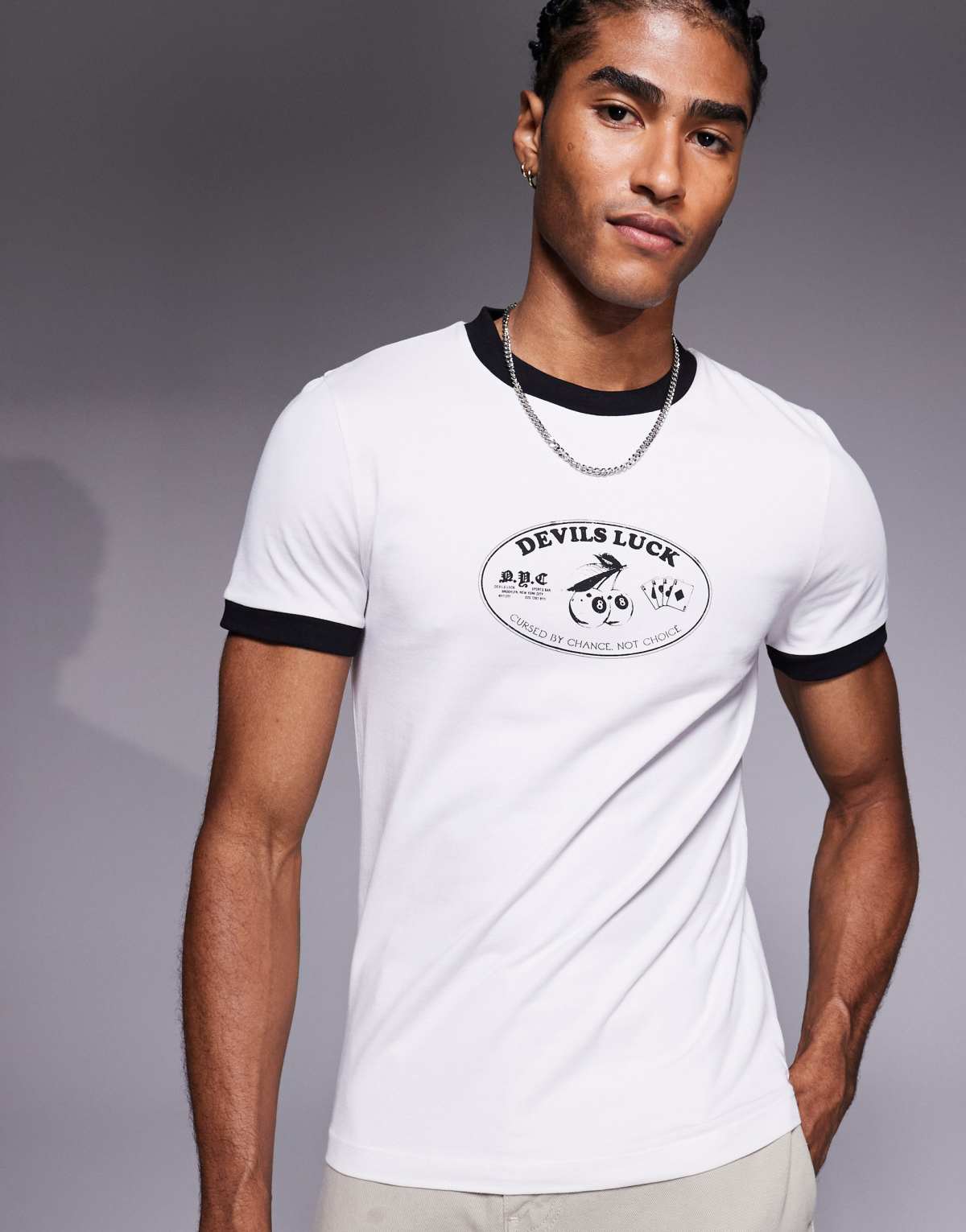 ASOS DESIGN muscle fit ringer t-shirt with lucky graphic in light grey