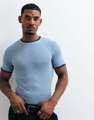 Asos Design Muscle Fit Ringer T-shirt With Piping In Blue