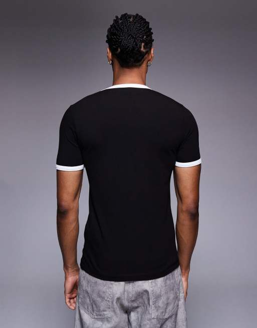 ASOS DESIGN muscle fit ringer t-shirt with slogan text graphic in black , 3 of 5