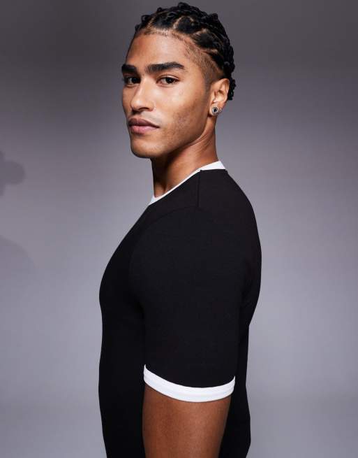 ASOS DESIGN muscle fit ringer t-shirt with slogan text graphic in black , 4 of 5
