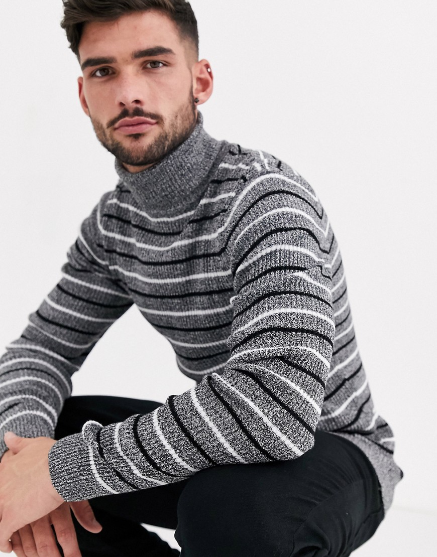 ASOS DESIGN muscle fit roll neck jumper with stripe in black and white twist-Grey