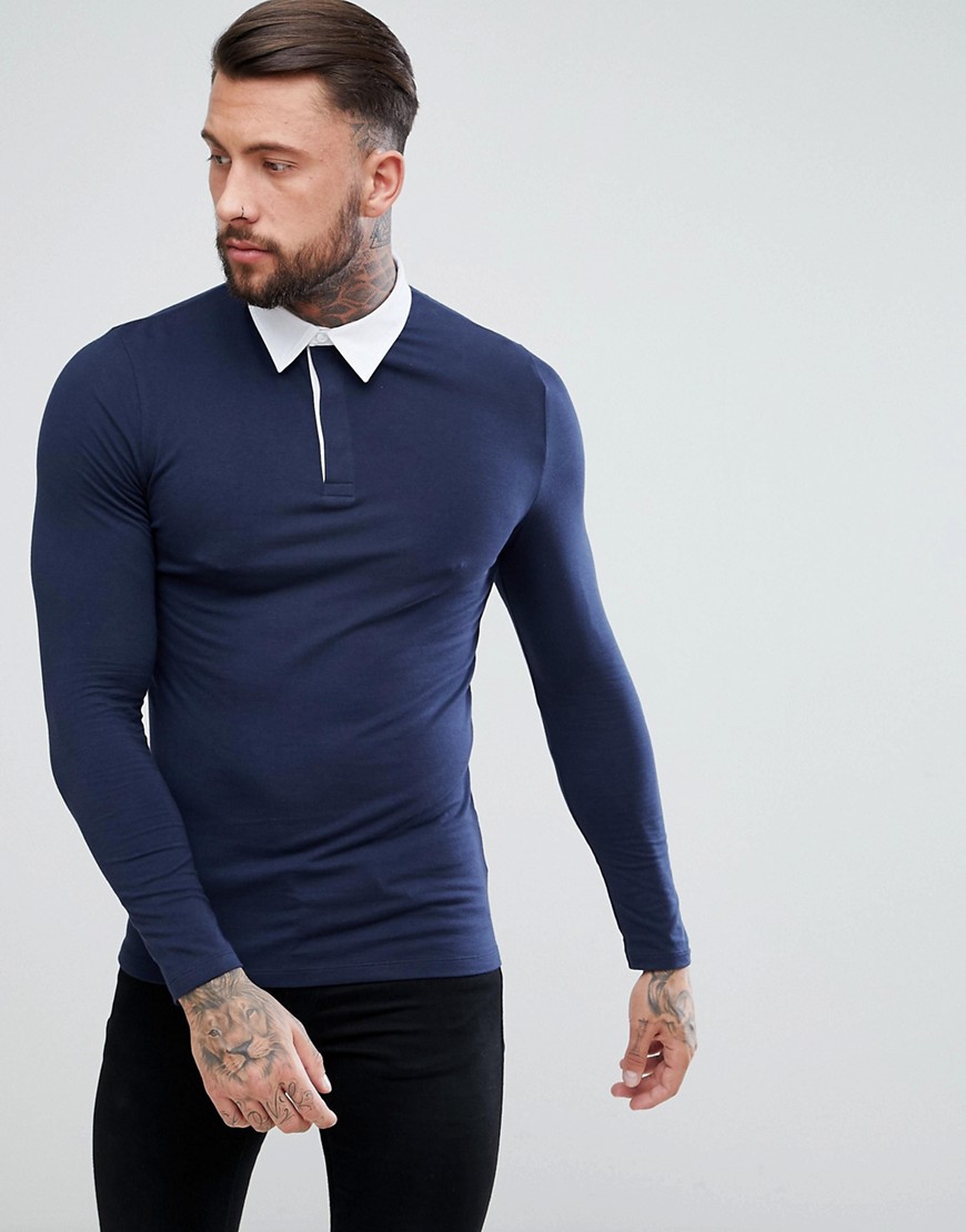 ASOS DESIGN muscle fit rugby polo shirt with long sleeve in navy