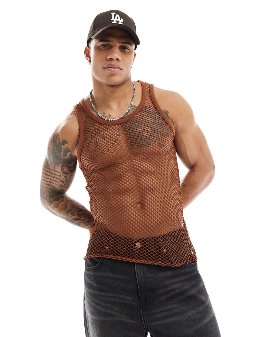 ASOS DESIGN muscle fit scoop vest in rust open mesh-Black
