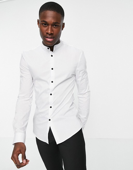 ASOS DESIGN muscle fit shirt with grandad collar in white