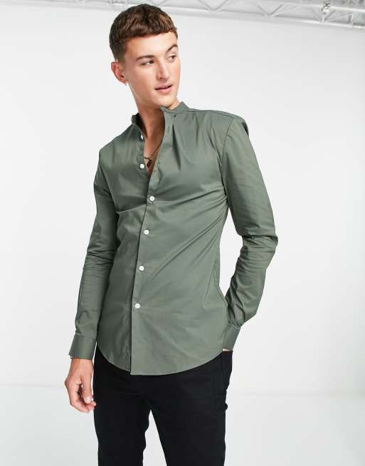 ASOS DESIGN muscle fit shirt with grandad collar in khaki | ASOS