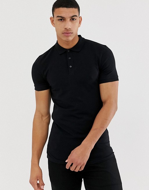 ASOS DESIGN muscle fit short sleeve jersey polo with stretch in black ...
