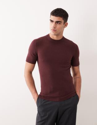 Asos Design Muscle Fit Short Sleeve Knit Waffle Crew Neck T-shirt In Brown