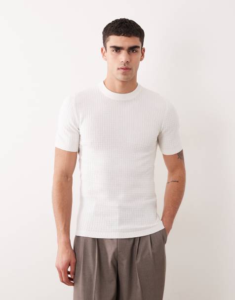 ASOS DESIGN muscle fit short sleeve knitted waffle crew neck t-shirt in cream