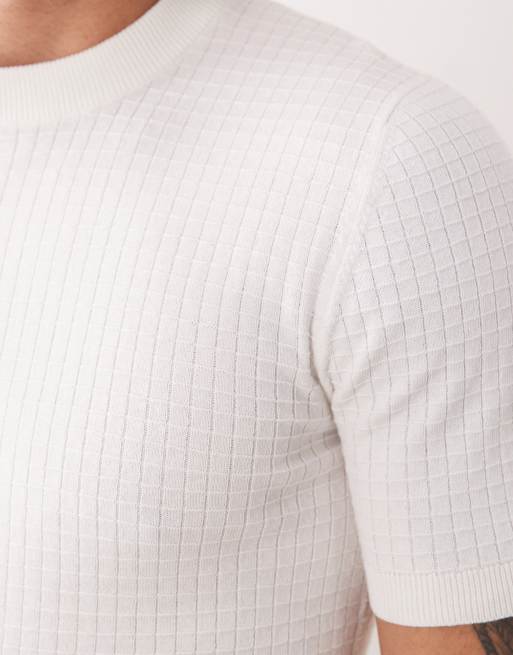 ASOS DESIGN muscle fit short sleeve knitted waffle crew neck t-shirt in cream, 2 of 5