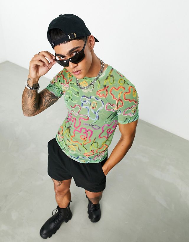 ASOS DESIGN muscle fit short sleeve t-shirt in printed mesh