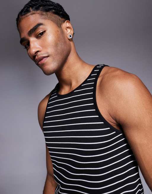 ASOS DESIGN muscle fit singlet in black and white stripe , 3 of 4
