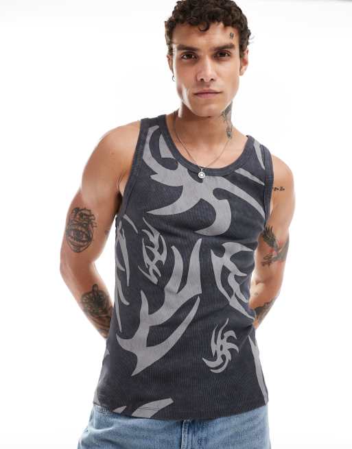 ASOS DESIGN muscle fit singlet in black grunge all over print mesh 
