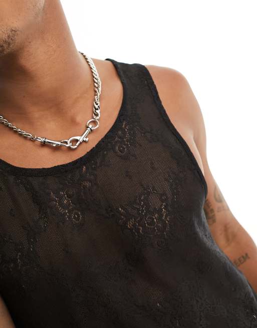 ASOS DESIGN muscle fit singlet in black lace with scoop neck , 4 of 4