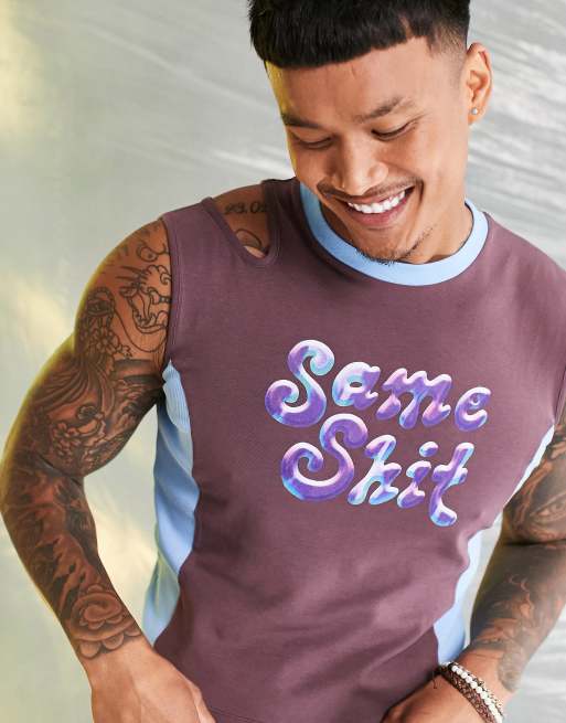 ASOS DESIGN muscle fit singlet in purple with cut out detail and front print