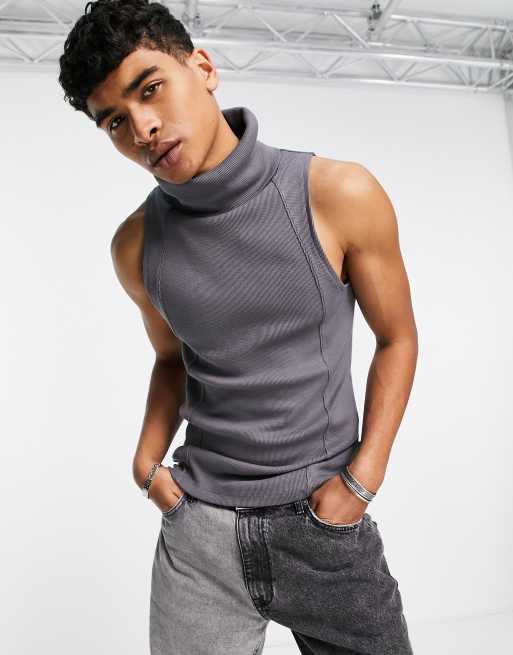 ASOS DESIGN muscle fit singlet in waffle and roll neck in washed black