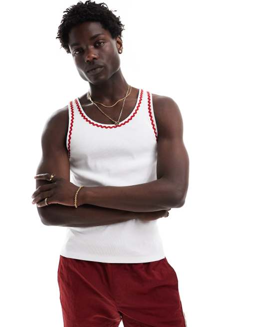ASOS DESIGN muscle fit singlet in white with red zig-zig tipping
