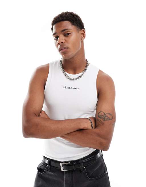 ASOS DESIGN muscle fit singlet in white with slogan chest print