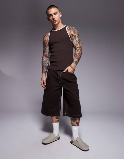 ASOS DESIGN muscle fit singlet with contrast binding in brown rib , 2 of 4