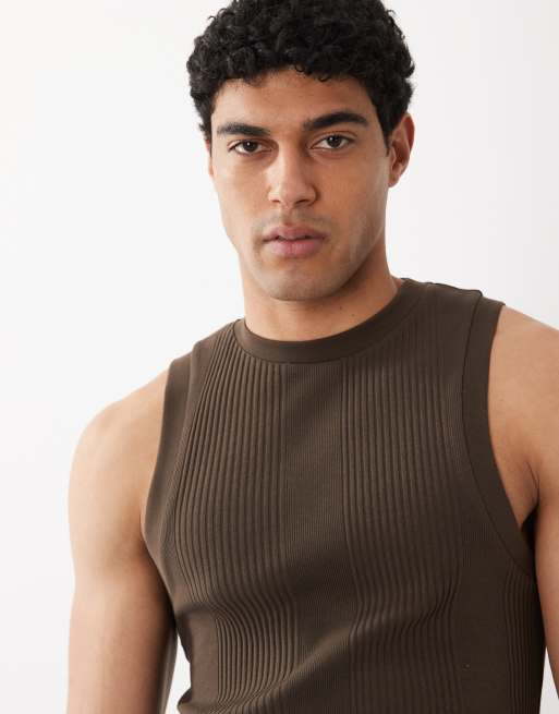 ASOS DESIGN muscle fit singlet with crew neck in dark brown smart rib, 3 of 5