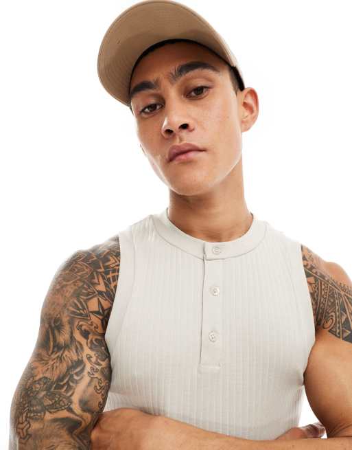 ASOS DESIGN muscle fit singlet with henley neck in stone