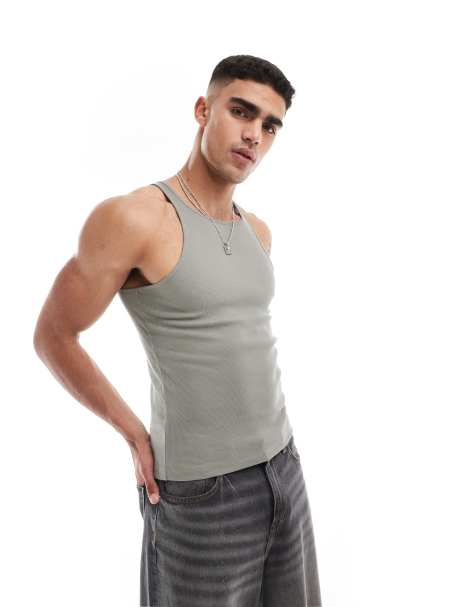 ASOS DESIGN muscle fit singlet with high neck in khaki - view 1