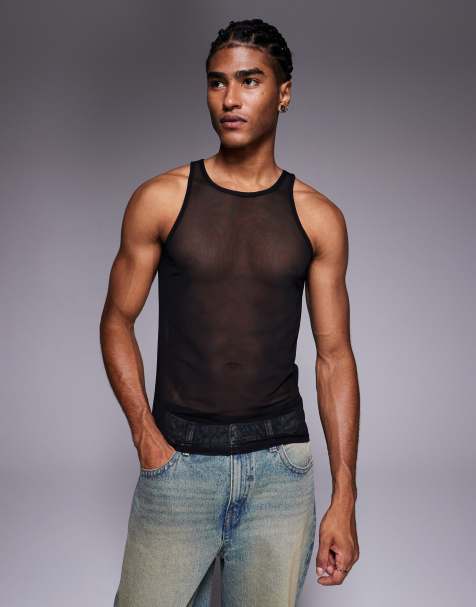 ASOS DESIGN muscle fit singlet with high scoop neck in black mesh - view 1