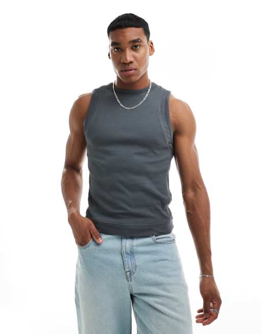 ASOS DESIGN muscle fit singlet with panel detail in charcoal