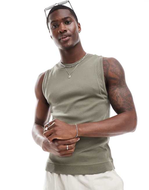 ASOS DESIGN muscle fit singlet with panel detail in khaki