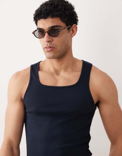 ASOS DESIGN muscle fit singlet with square neck in navy rib - view 1