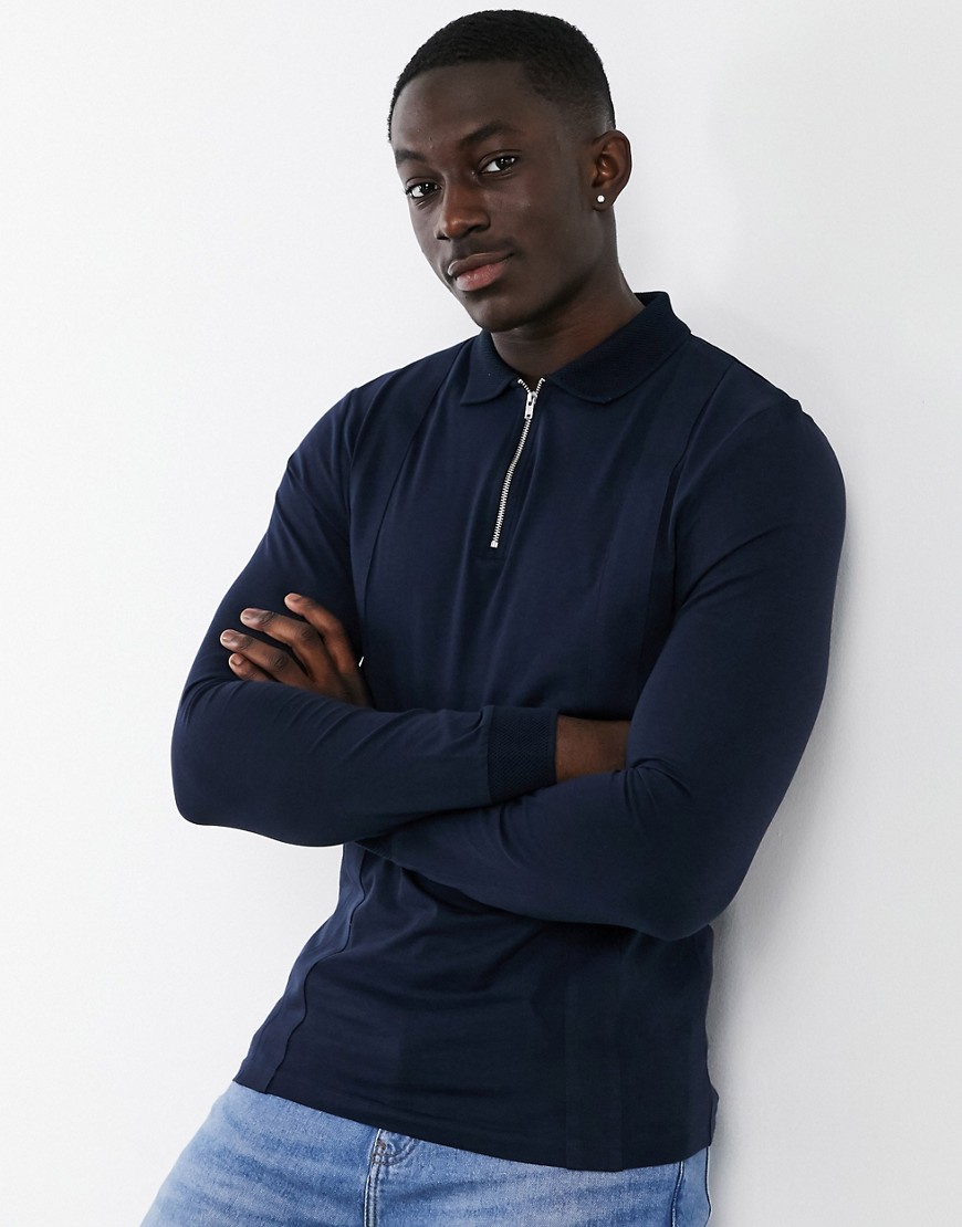 ASOS DESIGN muscle fit smart long sleeve polo in navy with zip collar-Blue